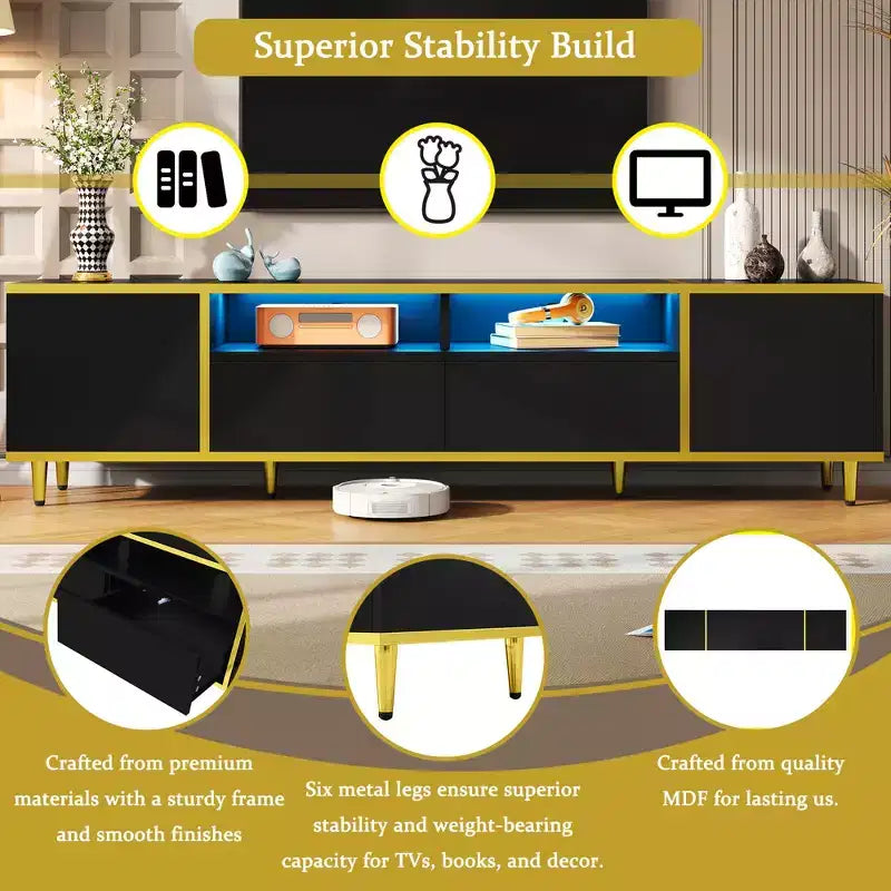 Meuble TV de 80 pouces avec lumières LED – Console TV en bois avec rangement