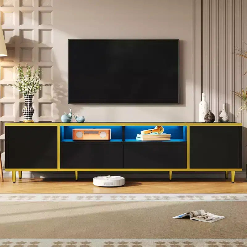 TV Stand with LED Lights for 80 inch TV, Wood TV Storage Cabinet Table with Drawers and Shelves, Media Console Table with Metal Legs