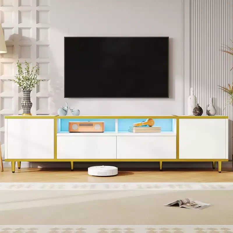Meuble TV de 80 pouces avec lumières LED – Console TV en bois avec rangement