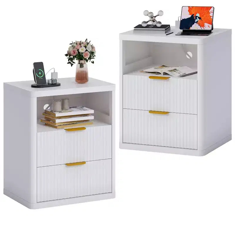 Fluted Nightstand Set of 2 with Charging Station, Bedside Table with 2 Drawers & Open Storage Space, Rounded Corners for Bedroom, Living Room