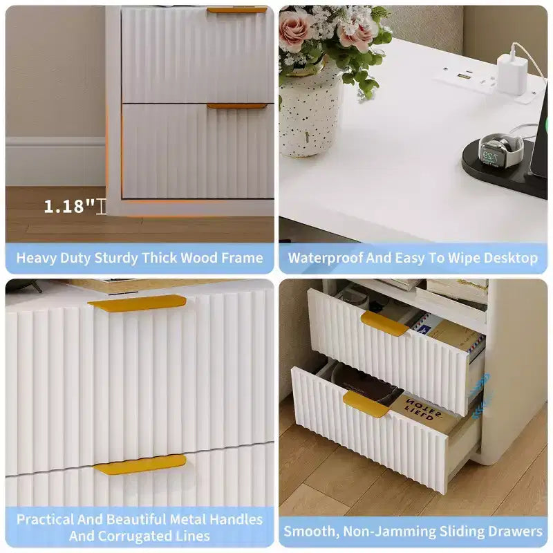 Table de chevet à rayures verticales avec fonction de chargement, idéale pour les chambres et les salons