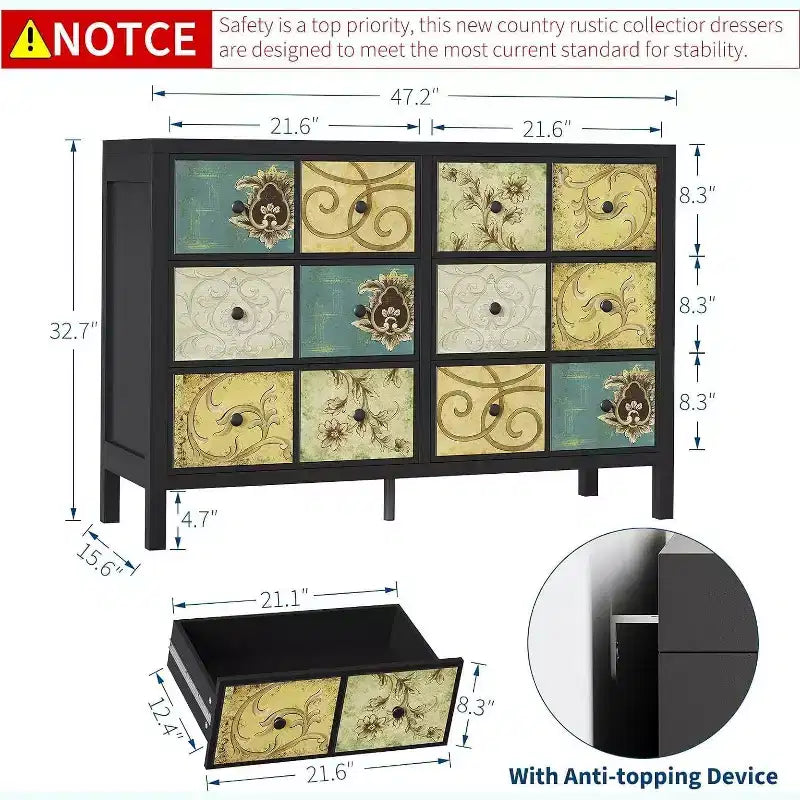 Commode 6 tiroirs à motif floral rétro, commode de rangement en bois style ferme pour chambre et salon