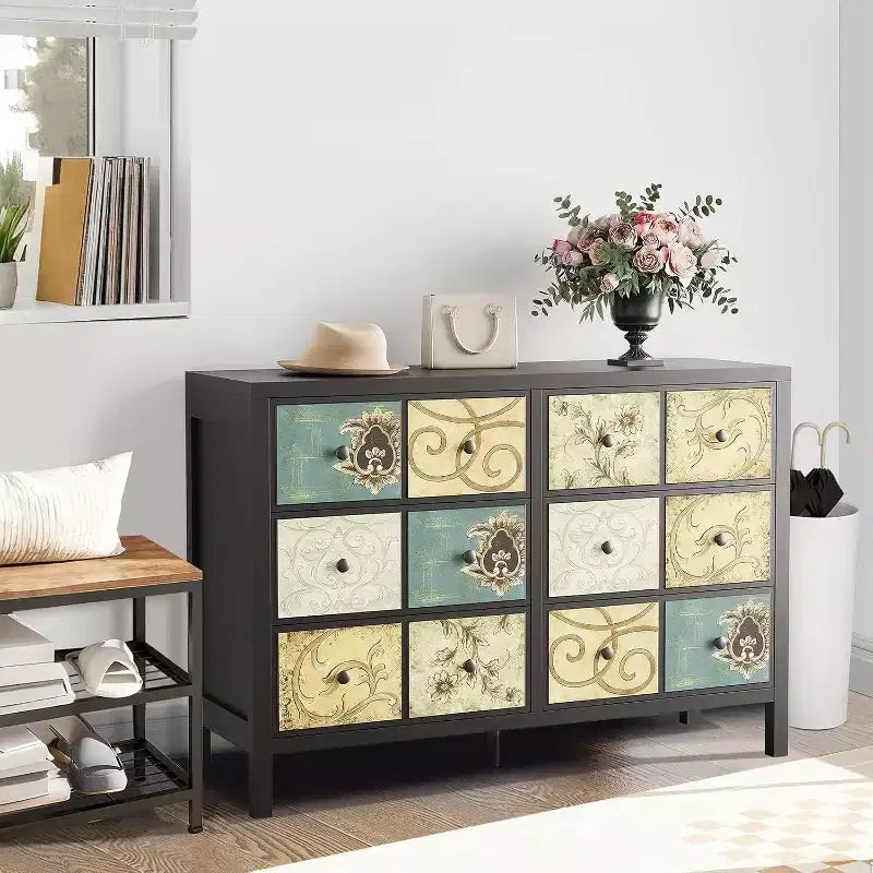 Commode 6 tiroirs à motif floral rétro, commode de rangement en bois style ferme pour chambre et salon