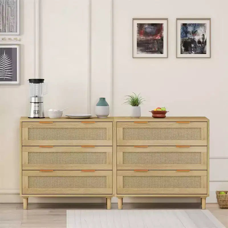 Acekool 2 Piece Rattan Dresser Set, 3 Drawer Oak Chests with Natural Rattan Fronts, Bedroom and Living Room Storage Organizer