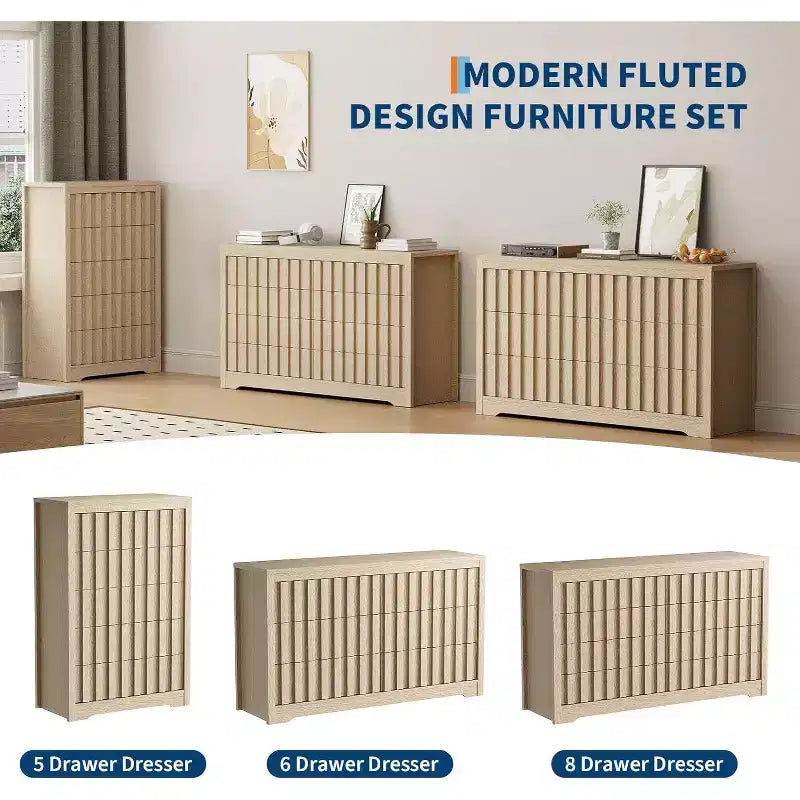 Commode à 8 tiroirs cannelés, meuble de rangement moderne sans poignée pour chambre, salon, couloir