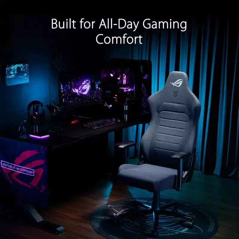 Fauteuil de jeu en tissu, coussin d'assise double densité, accoudoirs 2D rembourrés, support lombaire intégré, structure tout acier.