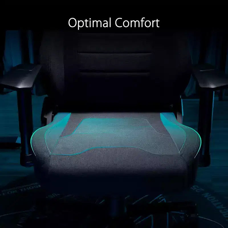 Fauteuil de jeu en tissu, coussin d'assise double densité, accoudoirs 2D rembourrés, support lombaire intégré, structure tout acier.