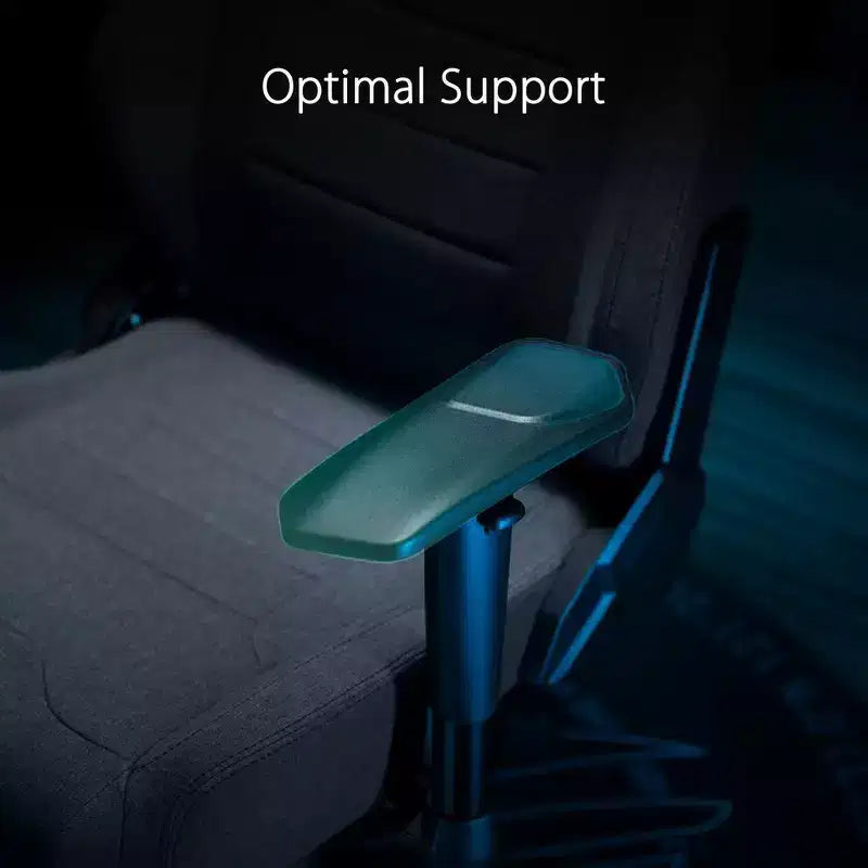 Fauteuil de jeu en tissu, coussin d'assise double densité, accoudoirs 2D rembourrés, support lombaire intégré, structure tout acier.