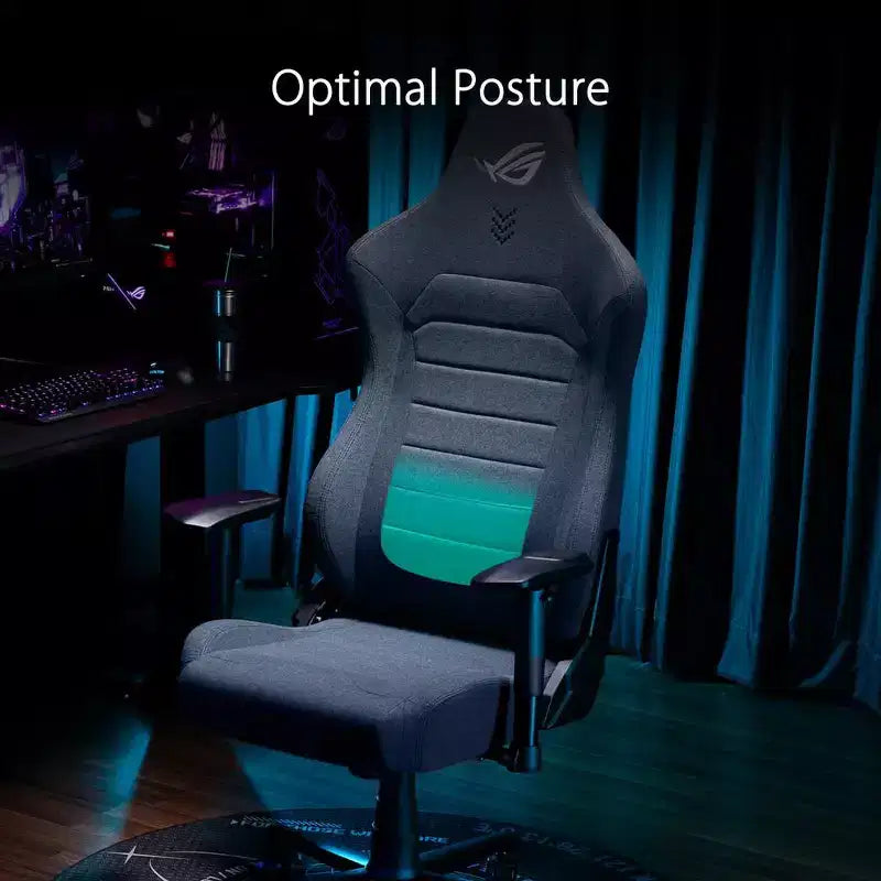 Fauteuil de jeu en tissu, coussin d'assise double densité, accoudoirs 2D rembourrés, support lombaire intégré, structure tout acier.