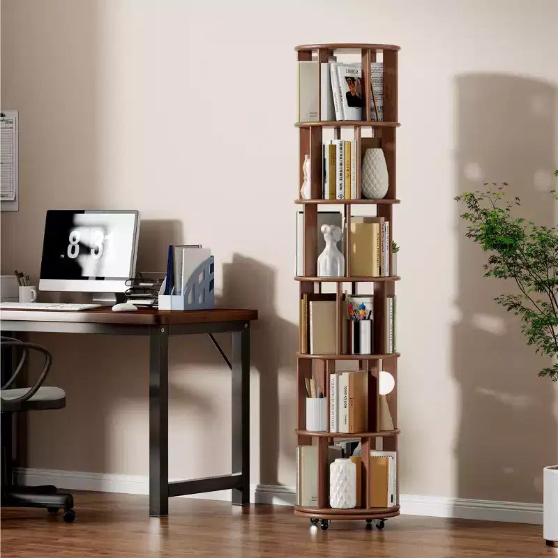 Corner Bookshelf, Wood Book Shelf on Wheels, 360 Rotating Bookshelf, Narrow Bookcase(6 Tier)