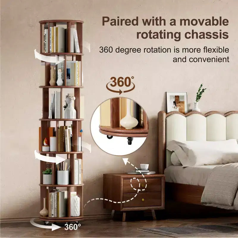 Étagère d'angle, étagère à livres en bois sur roulettes, étagère à livres rotative à 360°, bibliothèque étroite (6 niveaux)