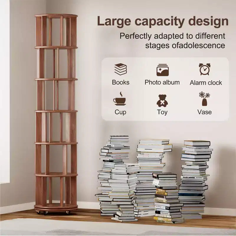 Étagère d'angle, étagère à livres en bois sur roulettes, étagère à livres rotative à 360°, bibliothèque étroite (6 niveaux)