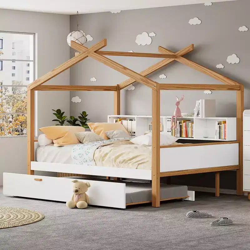 GDFStudio Dyrik Modern Wooden Platform House Bed with Trundle and Bookshelve for Kids