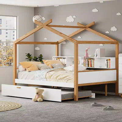 GDFStudio Dyrik Modern Wooden Platform House Bed with Trundle and Bookshelve for Kids