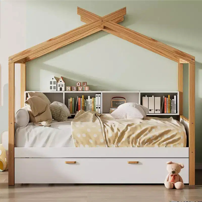 Lit mezzanine moderne en bois avec lit gigogne et étagère à livres pour enfants
