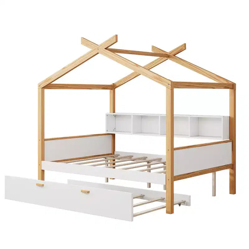 Lit mezzanine moderne en bois avec lit gigogne et étagère à livres pour enfants