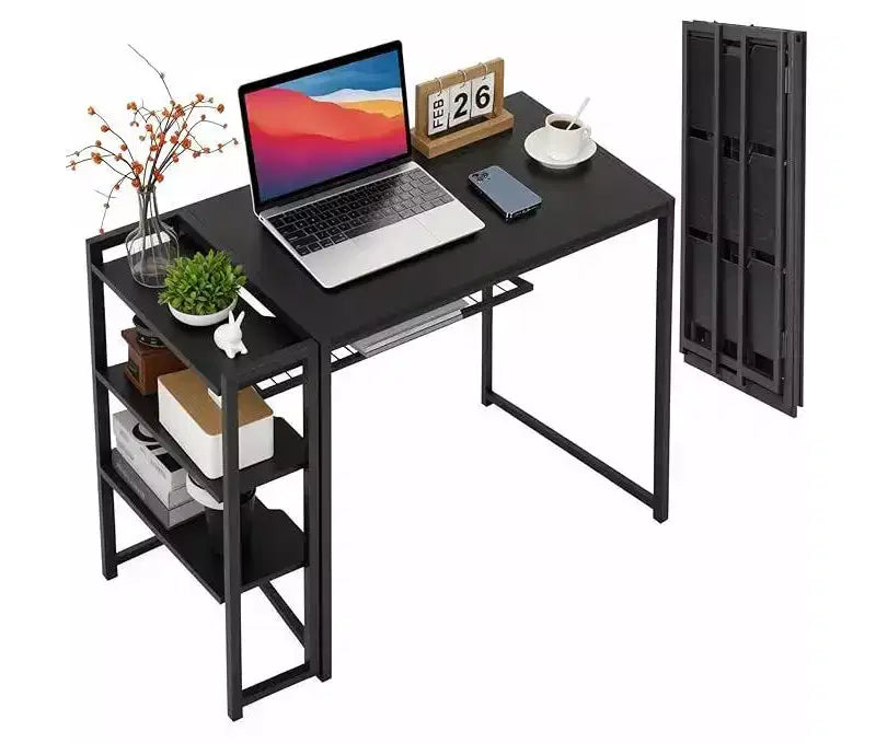 Folding Desk Writing Computer Desk with Storage Shelf,Spaces Saving Writing Sturdy Table No Assembly Needed