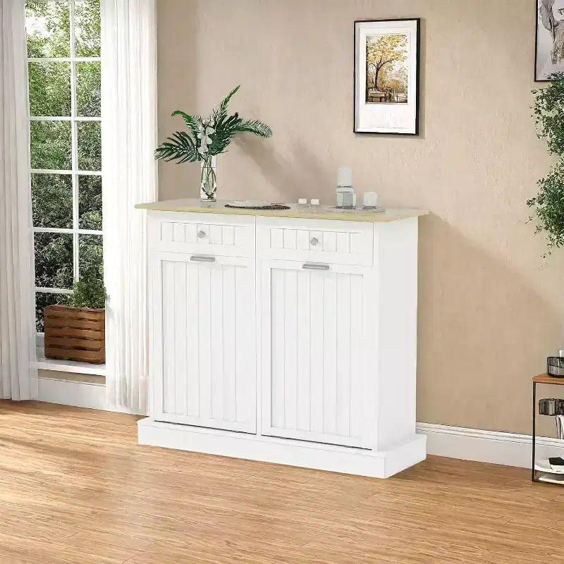 Tilt Out Trash Cabinet, Kitchen Waste Bins,Standing Trash Storage Cabinet, Recycling Can with Hideaway Drawer for Living Room, White