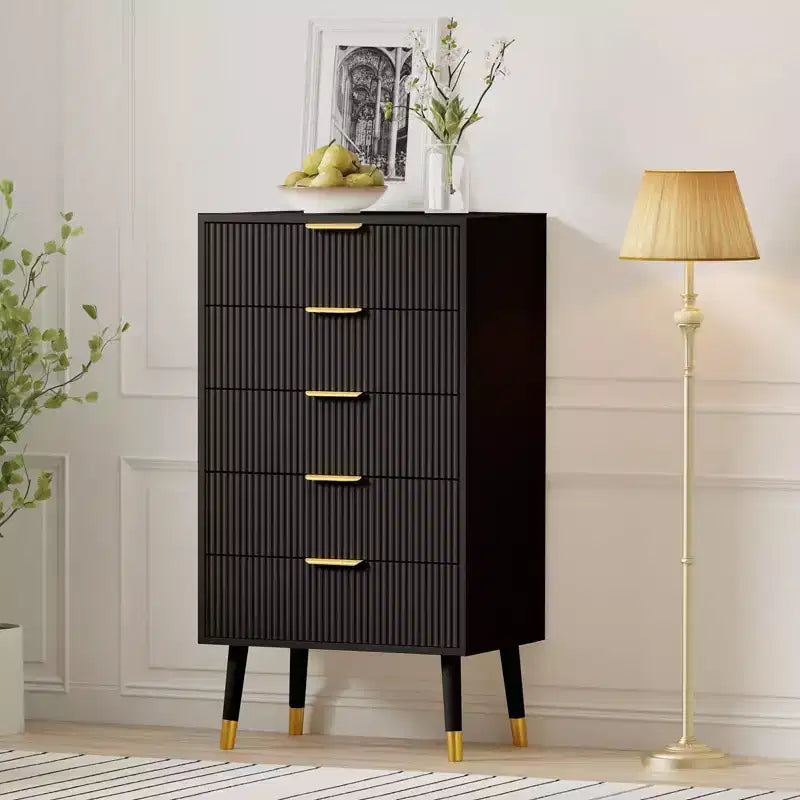 Fluted Dresser, Chest of Drawers with 5 Drawers, Gold Tone Handles & Feet, Nightstand Storage Cabinet for Living Room Entryway Hallway