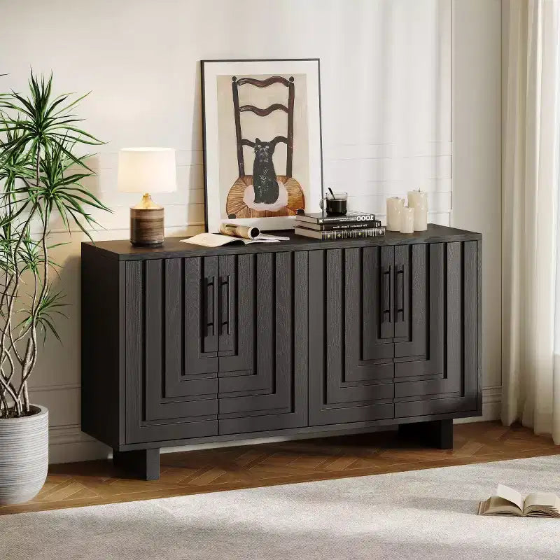 59 Modern Sleek Sideboard Buffet Cabinet, 4-Door Storage Cabinet with Adjustable Shelves for Dining Room, Living Room, or Entryway-Panipeachy