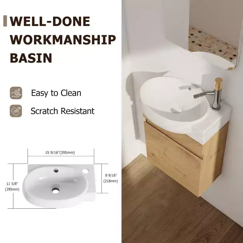 Meuble-lavabo en bois massif (avec vasque en céramique et portes à fermeture douce), design mural