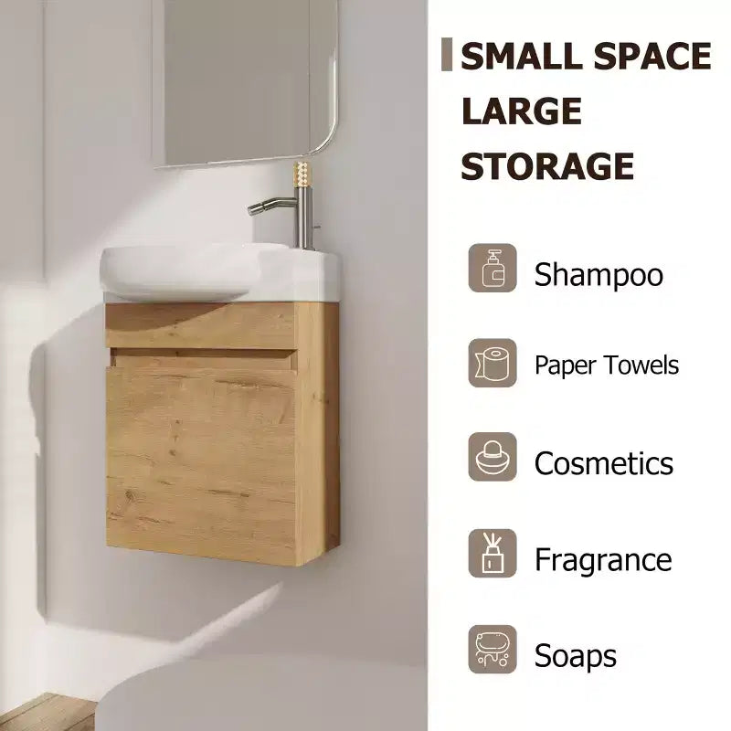 Meuble-lavabo en bois massif (avec vasque en céramique et portes à fermeture douce), design mural