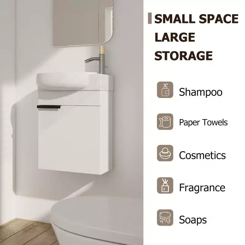 Meuble-lavabo en bois massif (avec vasque en céramique et portes à fermeture douce), design mural