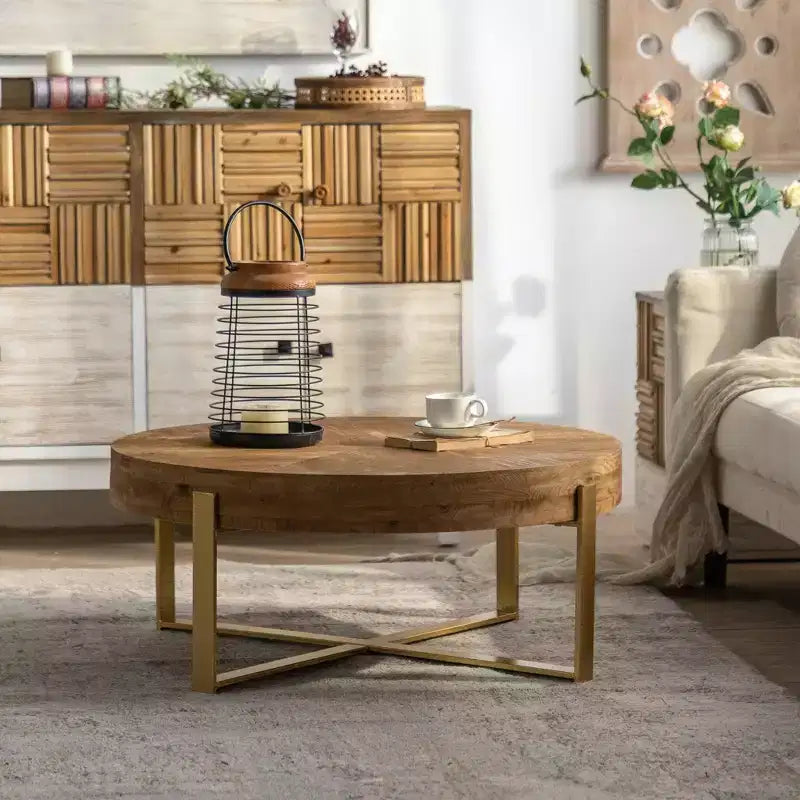 Coffee Table, 31.29-Inch Retro Round Table  Gold Metal Frame Legs Premium Fir & MDF Living Room Coffee Table