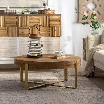 Coffee Table, 31.29-Inch Retro Round Table  Gold Metal Frame Legs Premium Fir & MDF Living Room Coffee Table