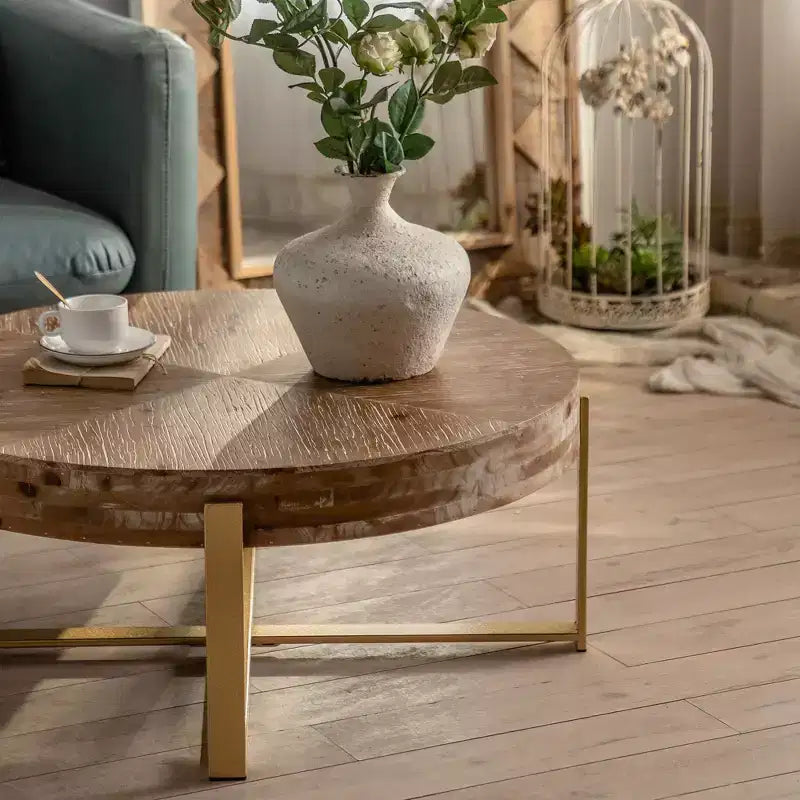 Table Basse Ronde Vintage de 31,29 Pouces – Pieds en Métal Doré