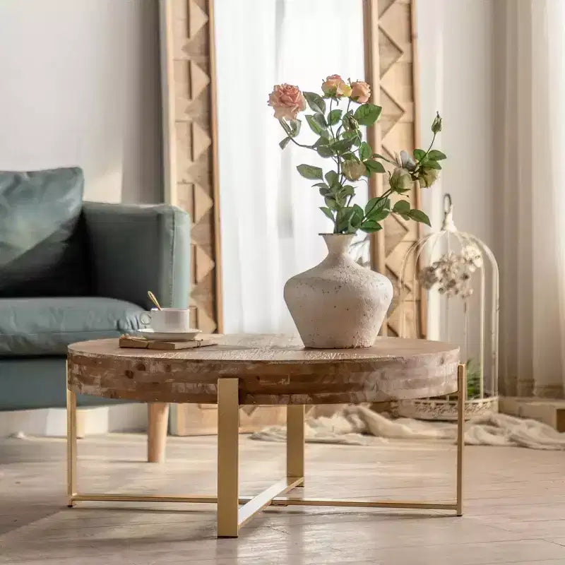 Table Basse Ronde Vintage de 31,29 Pouces – Pieds en Métal Doré