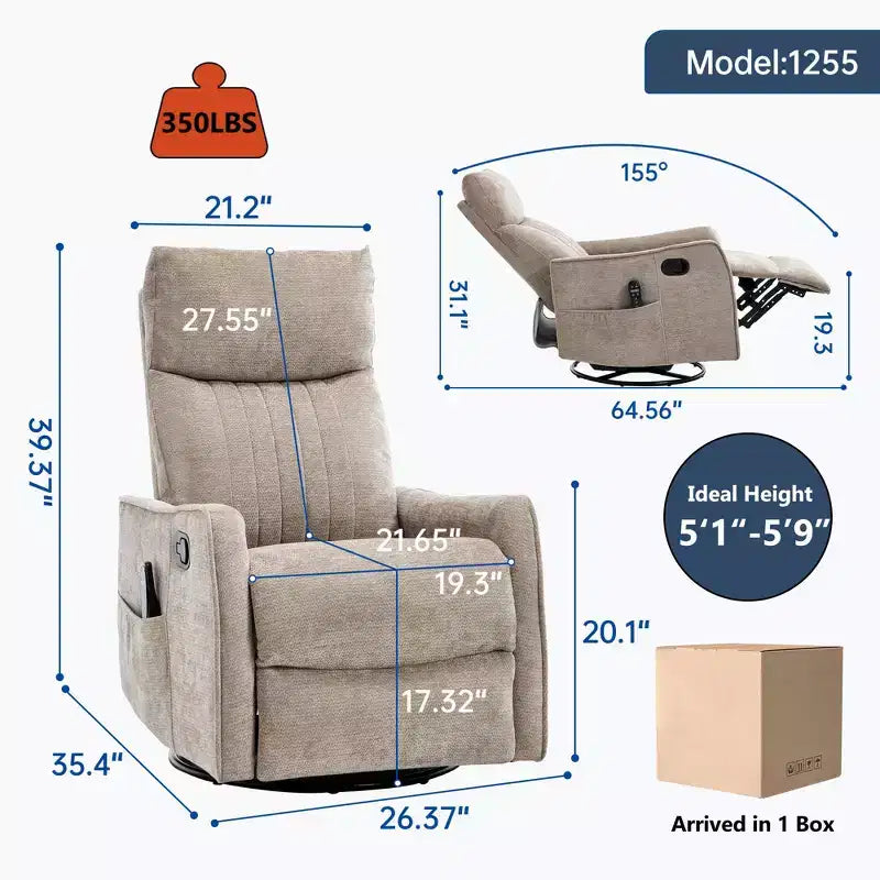 Fauteuil inclinable manuel avec massage chauffant, fonction de balancement et pivotant, en tissu, pour le salon