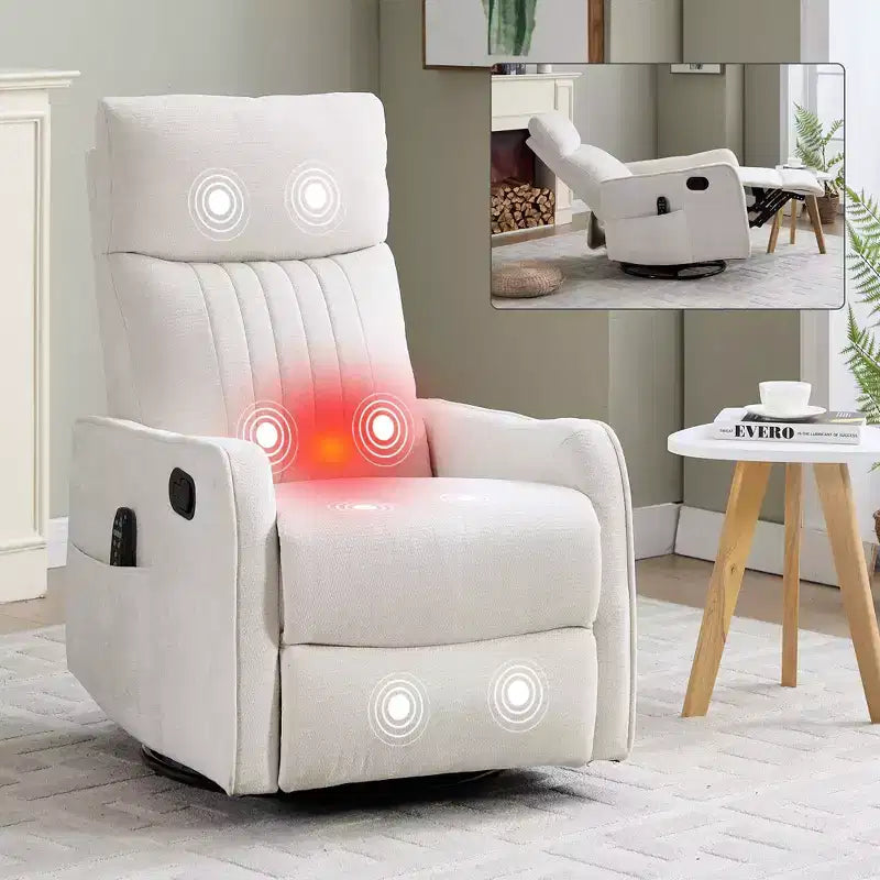Fauteuil inclinable manuel avec massage chauffant, fonction de balancement et pivotant, en tissu, pour le salon