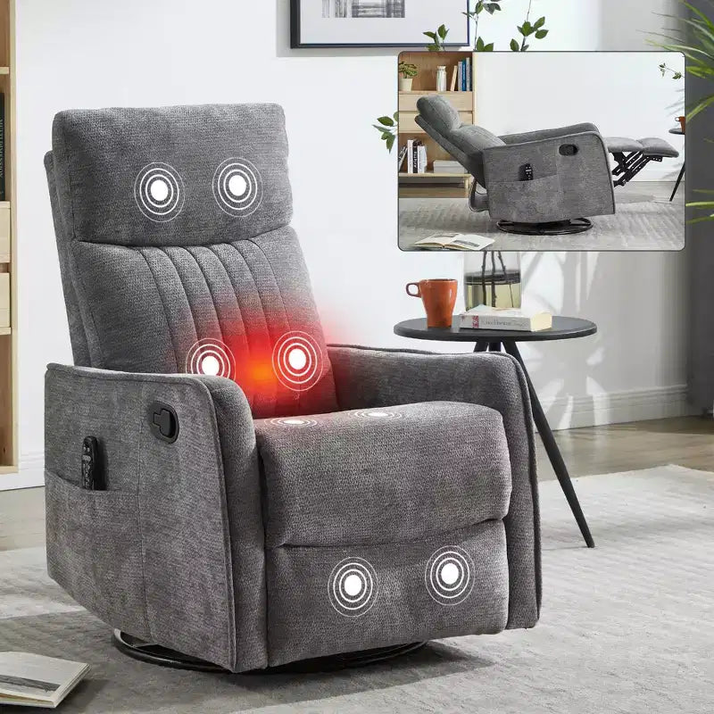 Fauteuil inclinable manuel avec massage chauffant, fonction de balancement et pivotant, en tissu, pour le salon