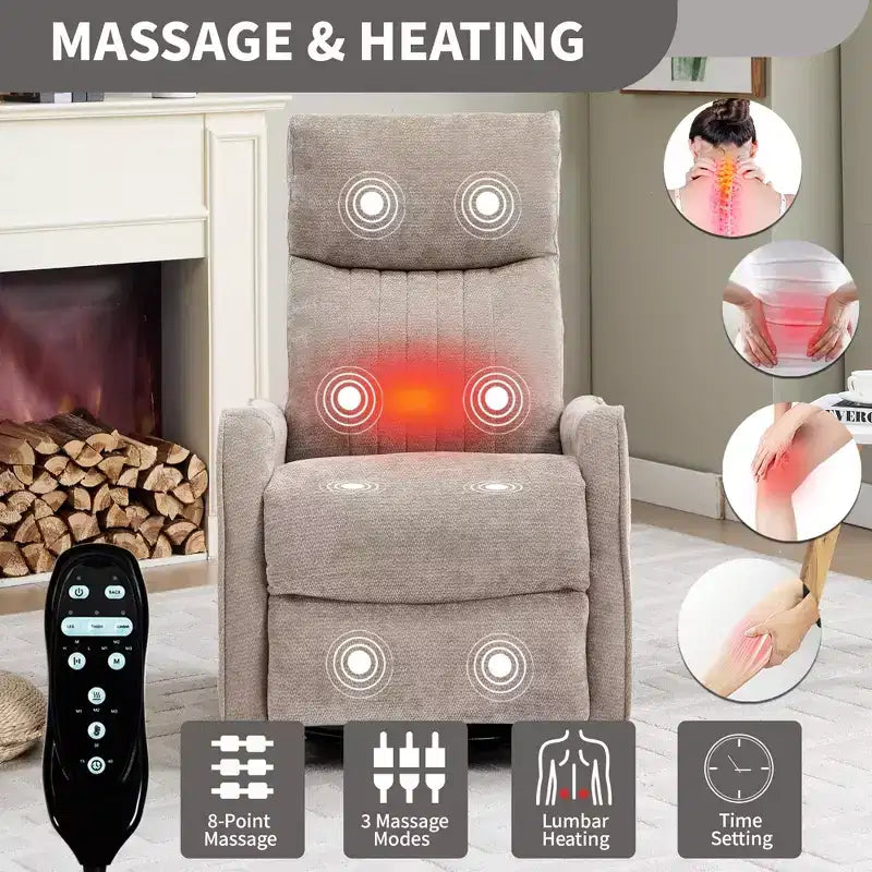 Fauteuil inclinable manuel avec massage chauffant, fonction de balancement et pivotant, en tissu, pour le salon