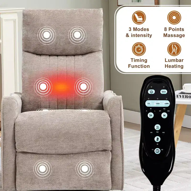 Fauteuil inclinable manuel avec massage chauffant, fonction de balancement et pivotant, en tissu, pour le salon
