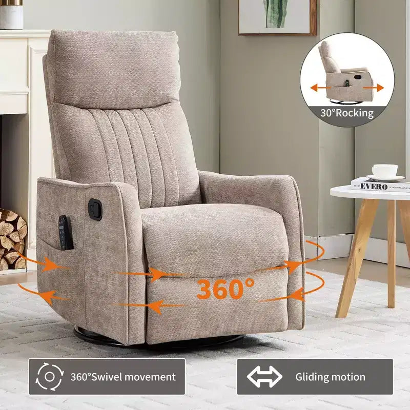 Fauteuil inclinable manuel avec massage chauffant, fonction de balancement et pivotant, en tissu, pour le salon