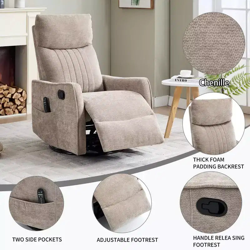 Fauteuil inclinable manuel avec massage chauffant, fonction de balancement et pivotant, en tissu, pour le salon