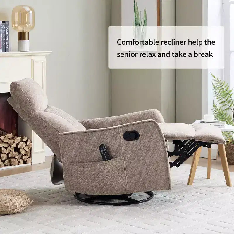 Fauteuil inclinable manuel avec massage chauffant, fonction de balancement et pivotant, en tissu, pour le salon