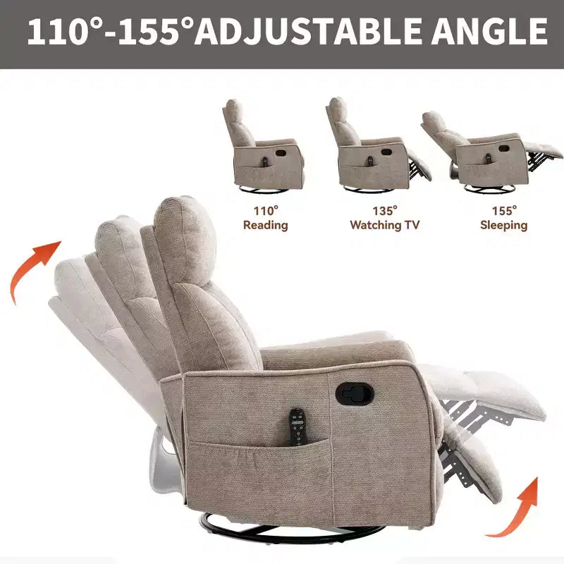 Fauteuil inclinable manuel avec massage chauffant, fonction de balancement et pivotant, en tissu, pour le salon