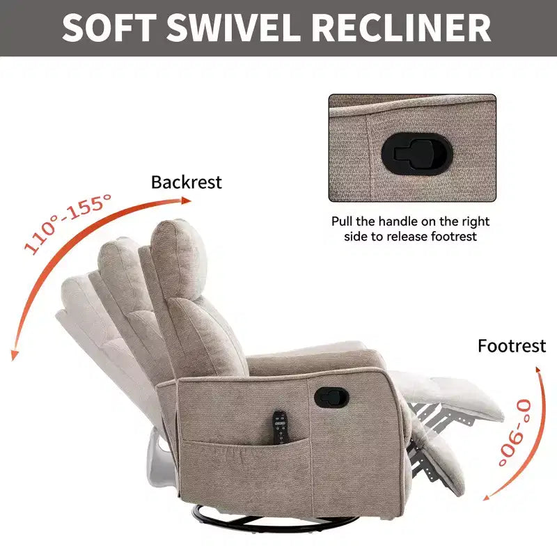 Fauteuil inclinable manuel avec massage chauffant, fonction de balancement et pivotant, en tissu, pour le salon