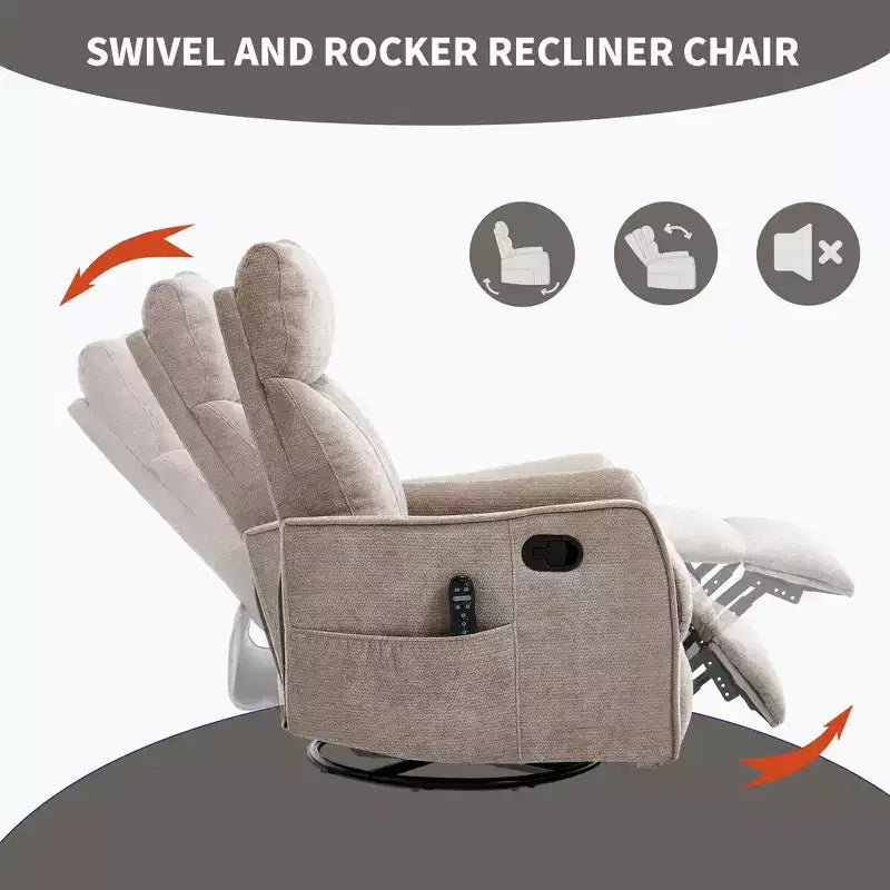 Fauteuil inclinable manuel avec massage chauffant, fonction de balancement et pivotant, en tissu, pour le salon