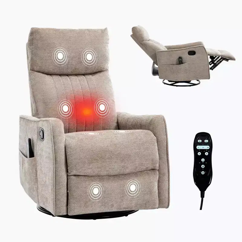 Fauteuil inclinable manuel avec massage chauffant, fonction de balancement et pivotant, en tissu, pour le salon