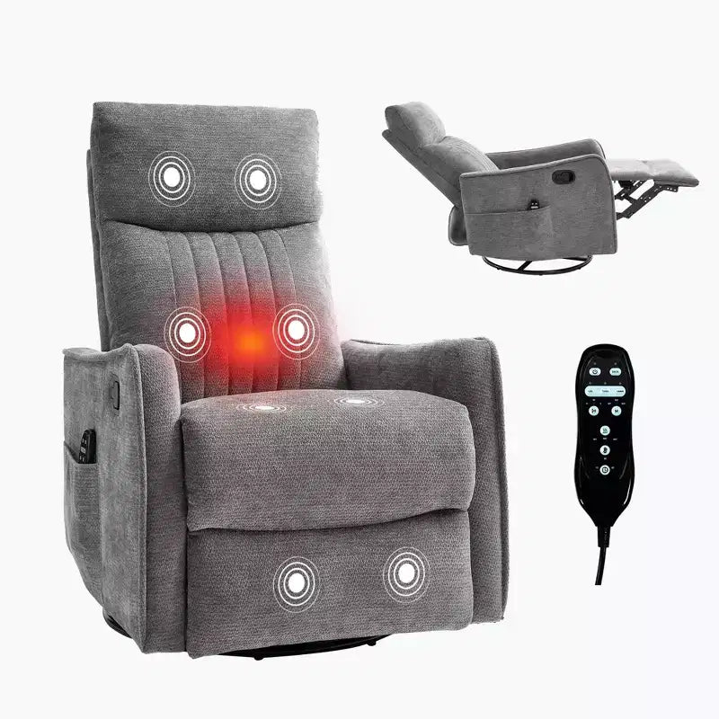 Fauteuil inclinable manuel avec massage chauffant, fonction de balancement et pivotant, en tissu, pour le salon