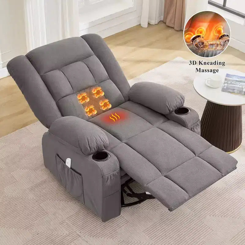 Fauteuil inclinable à bascule avec massage par pétrissage 3D à 4 points, fonctions chauffantes, ainsi que deux porte-gobelets et un port de chargement USB.