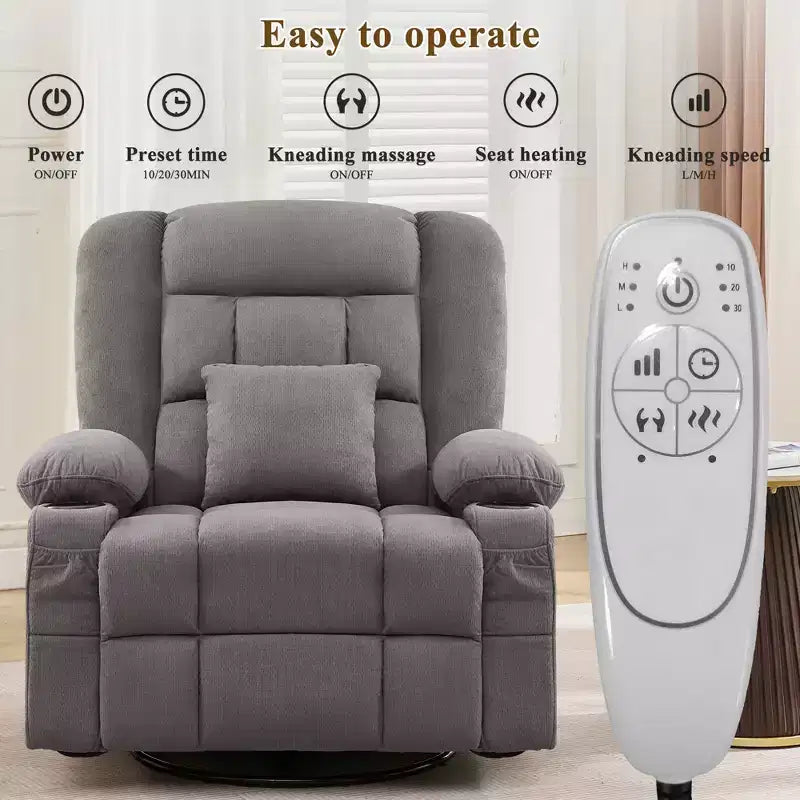 Fauteuil inclinable à bascule avec massage par pétrissage 3D à 4 points, fonctions chauffantes, ainsi que deux porte-gobelets et un port de chargement USB.