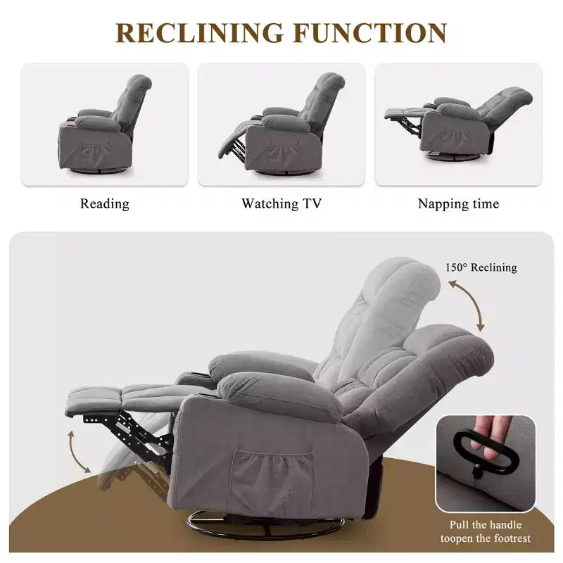 Fauteuil inclinable à bascule avec massage par pétrissage 3D à 4 points, fonctions chauffantes, ainsi que deux porte-gobelets et un port de chargement USB.