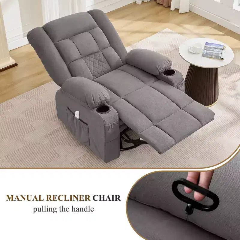 Fauteuil inclinable à bascule avec massage par pétrissage 3D à 4 points, fonctions chauffantes, ainsi que deux porte-gobelets et un port de chargement USB.