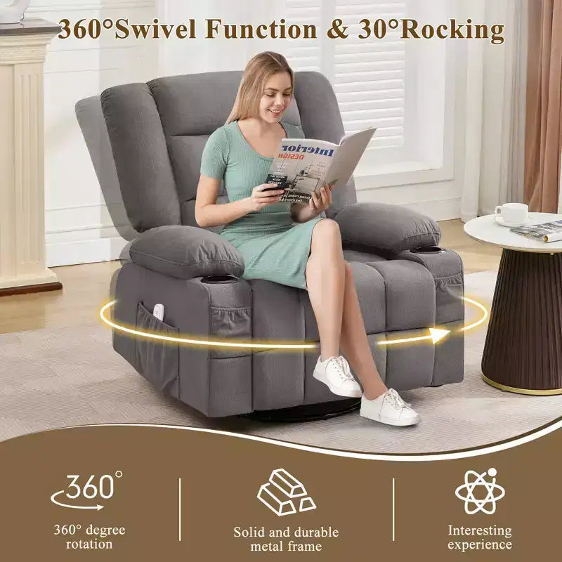 Fauteuil inclinable à bascule avec massage par pétrissage 3D à 4 points, fonctions chauffantes, ainsi que deux porte-gobelets et un port de chargement USB.