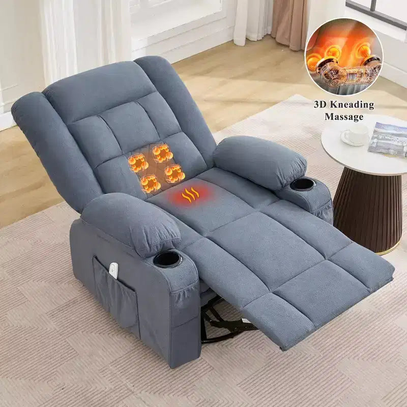 Fauteuil inclinable à bascule avec massage par pétrissage 3D à 4 points, fonctions chauffantes, ainsi que deux porte-gobelets et un port de chargement USB.
